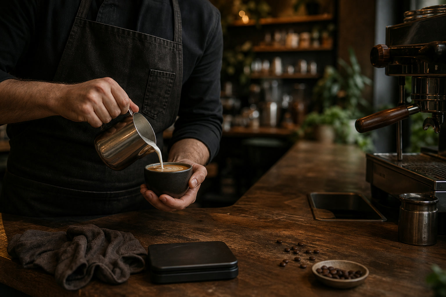 Barista preparando un cappuccino en la barra