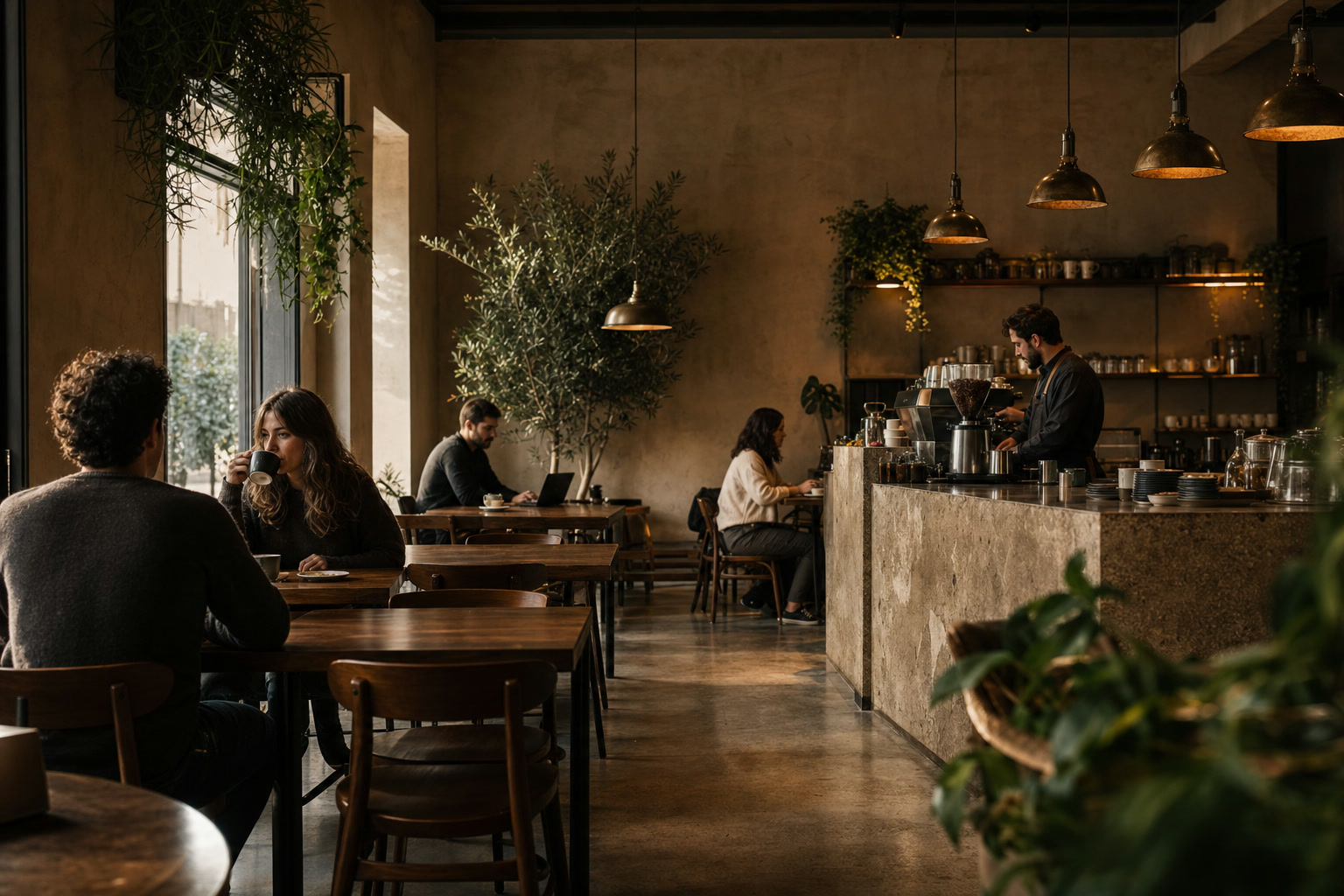 Interior cálido de la cafetería SORBO