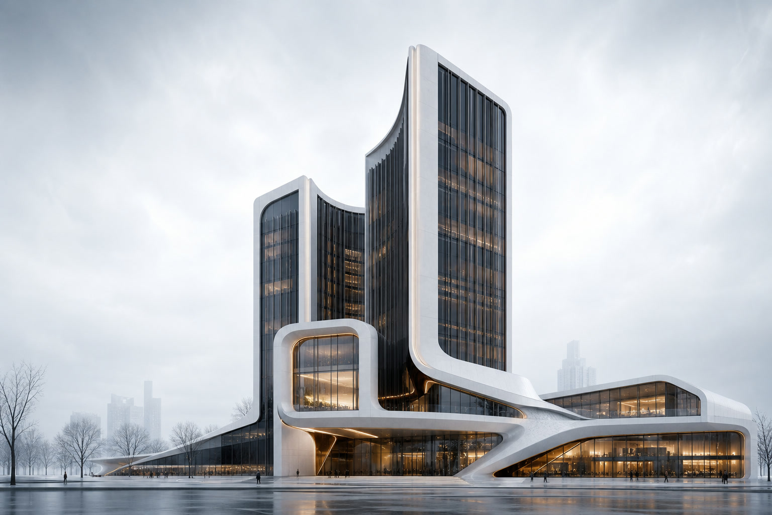 Arquitectura residencial futurista entre naturaleza y ciudad