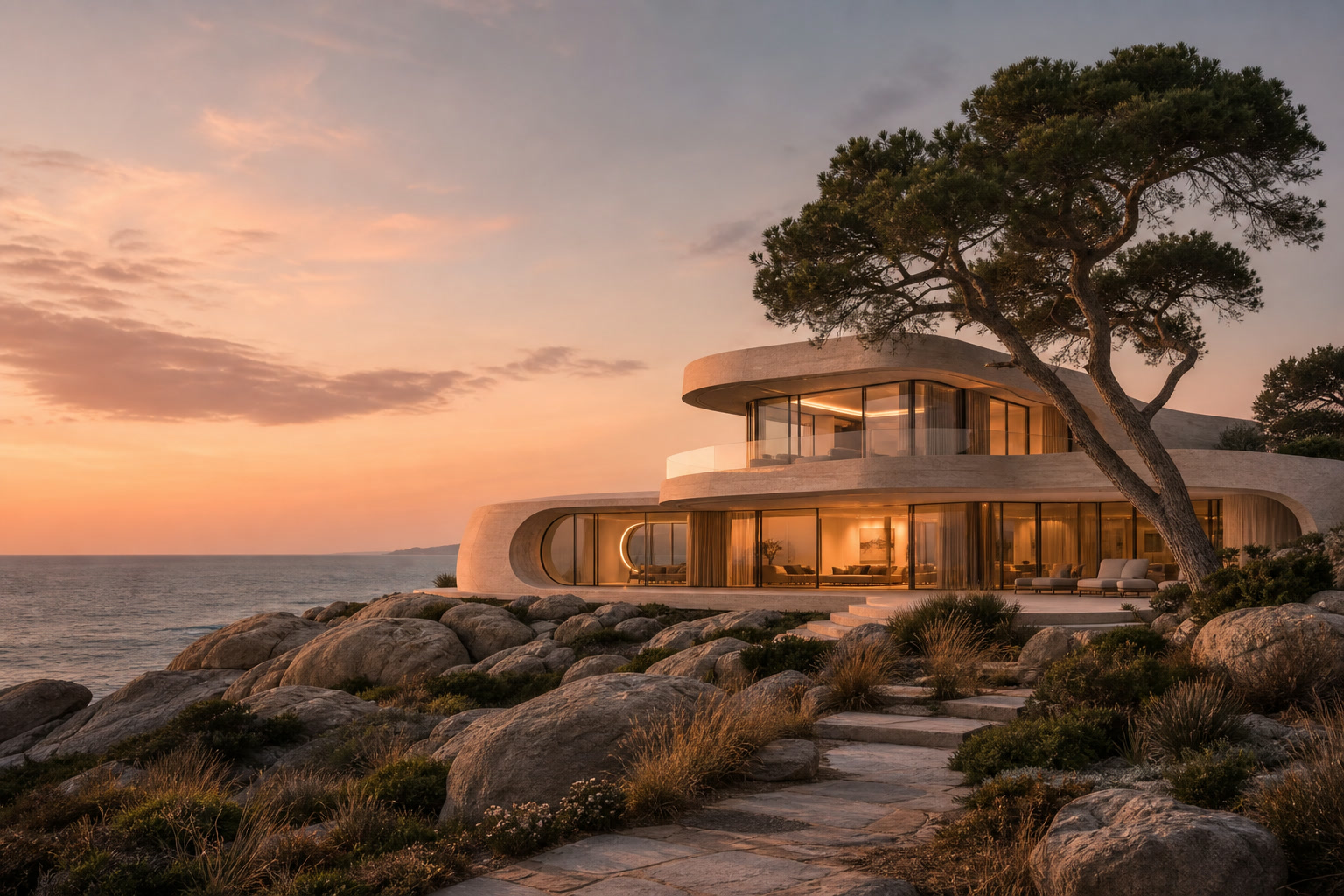 Residencia orgánica frente al mar al atardecer