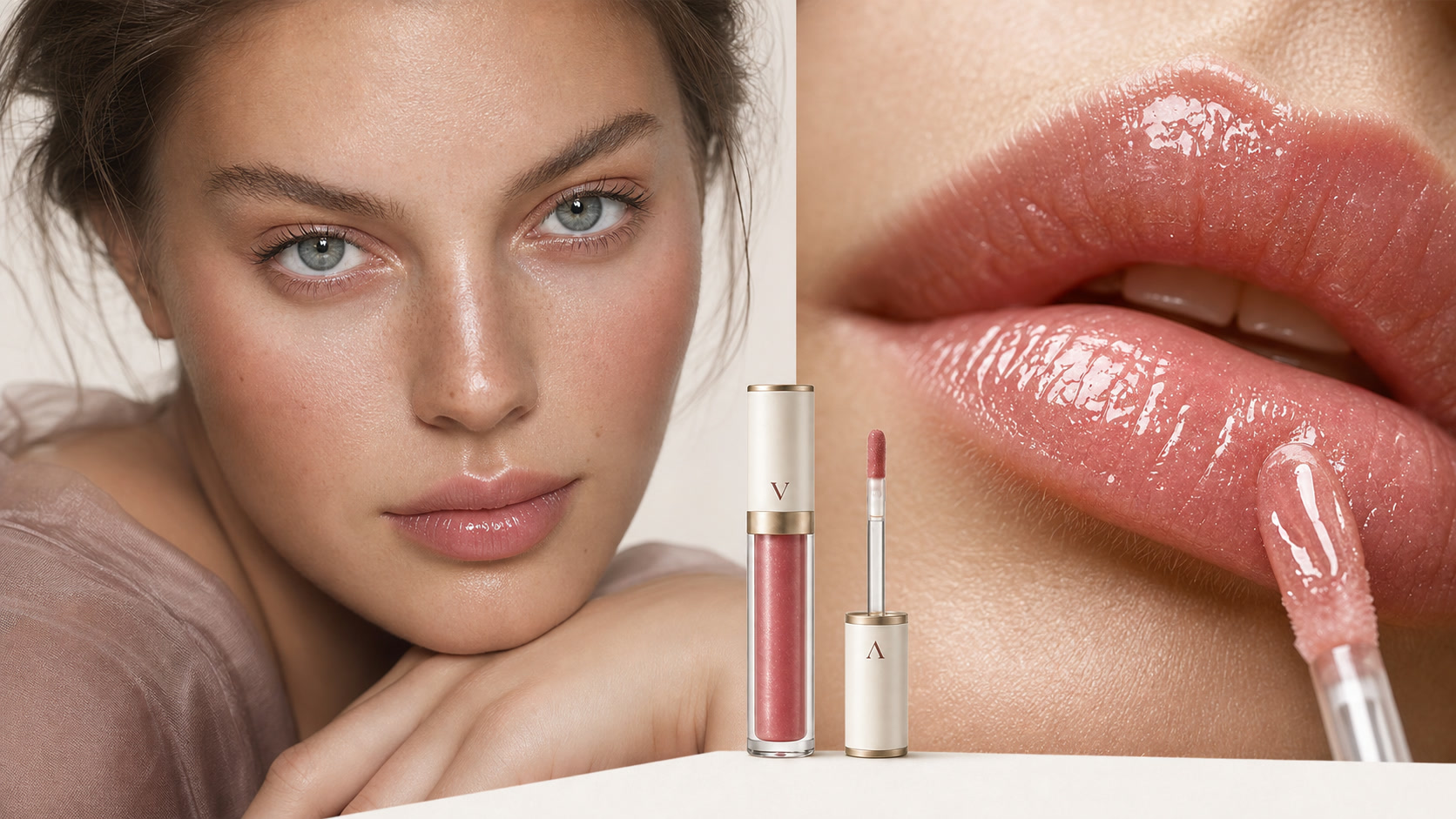 VELVA model wearing Lip Veil beside a macro rose gloss texture